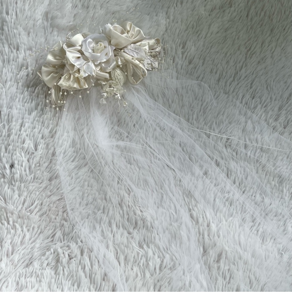 Bridal Wedding  White/Ivory floral headpiece with attached veil